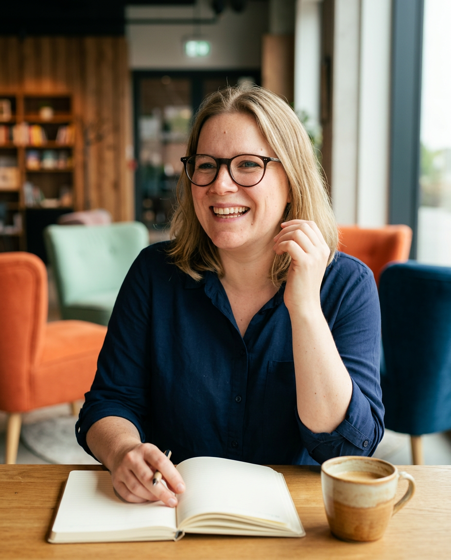 Justina Mauritz mit Notizbuch im Gespräch
